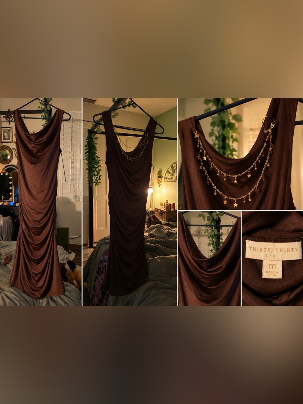 Thirty/Thirty Brown Draped Cowl Neck Slip Dress with Star Chain Accent